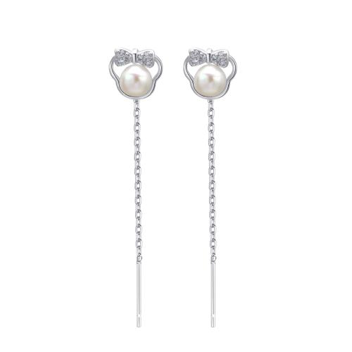 925 Sterling Silver Thread Through Earrings with Freshwater Pearl for woman platinum color 40mm Sold By Pair