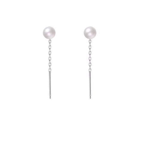 925 Sterling Silver Thread Through Earrings with Freshwater Pearl for woman platinum color Sold By Pair