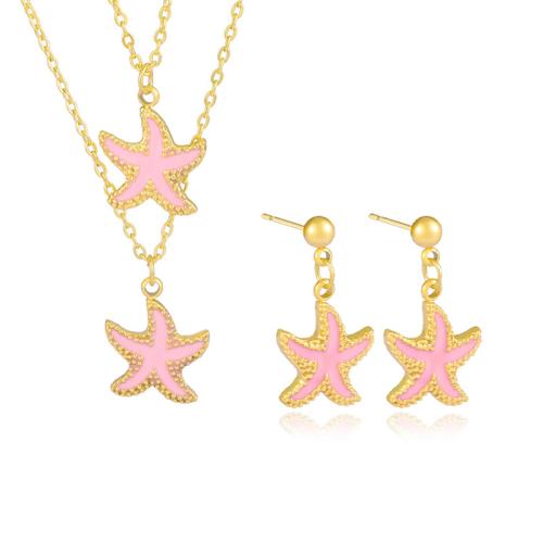 Enamel Stainless Steel Jewelry Set 304 Stainless Steel Starfish Vacuum Ion Plating & for woman gold Sold By PC