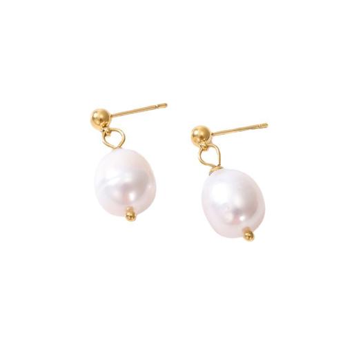 Stainless Steel Stud Earrings 304 Stainless Steel with Freshwater Pearl plated for woman Sold By Pair