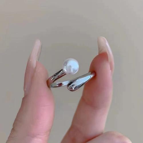 Mässing Finger Ring, med Plast Pearl, plated, för kvinna, platina färg, Säljs av PC