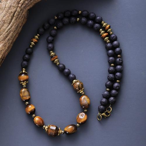 Tiger Eye Necklace with Lava & Zinc Alloy folk style & Unisex Length Approx 35.4 Inch Sold By PC