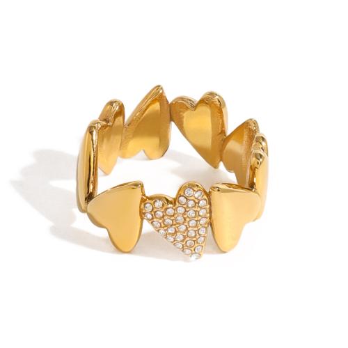 Anillo de dedo del acero inoxidable del Zirconia cúbico, acero inoxidable 304, Corazón, Joyería & micro arcilla de zirconia cúbica & para mujer, dorado, Vendido por UD