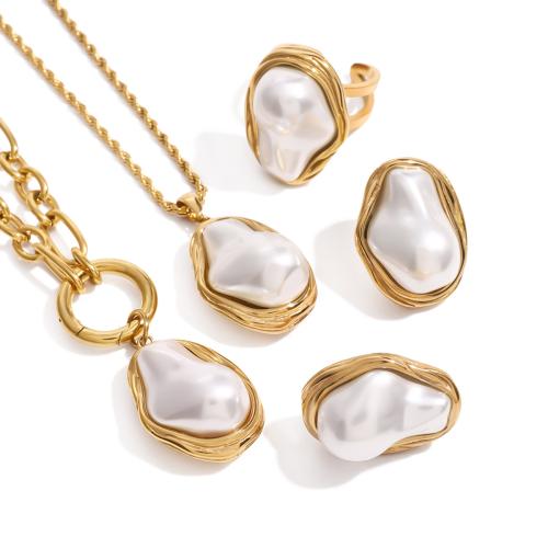 Fashion Stainless Steel Jewelry Sets 304 Stainless Steel with Plastic Pearl Vacuum Ion Plating fashion jewelry & for woman golden Sold By PC