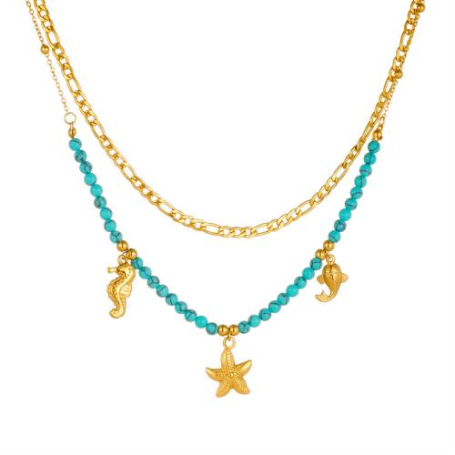 Stainless Steel Jewelry Necklace 304 Stainless Steel with turquoise with 5.5cm extender chain Double Layer & fashion jewelry & for woman golden Sold Per Approx 40 cm Strand