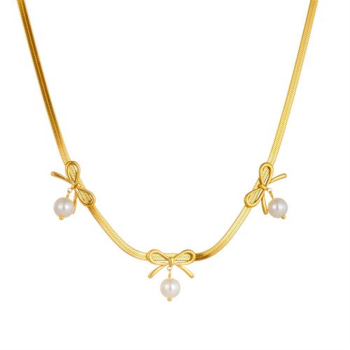 Stainless Steel Jewelry Necklace 304 Stainless Steel with Plastic Pearl with 5.5cm extender chain Bowknot fashion jewelry & for woman golden Sold Per Approx 40 cm Strand