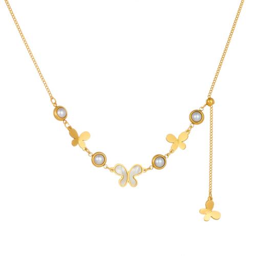 Stainless Steel Jewelry Necklace 304 Stainless Steel with White Shell & Plastic Pearl with 6cm extender chain Butterfly fashion jewelry & for woman golden Sold Per Approx 42.5 cm Strand