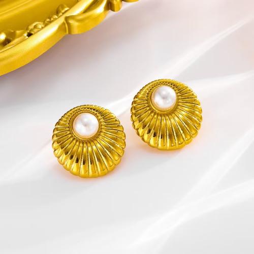 Roestvrij staal Stud Earrings, 304 roestvrij staal, met Plastic Pearl, mode sieraden & voor vrouw, gouden, 22x22mm, Verkocht door pair