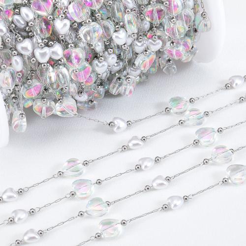 Stainless Steel Ball Chain 304 Stainless Steel with ABS Plastic Pearl & Crystal Heart Vacuum Ion Plating DIY Sold By Bag