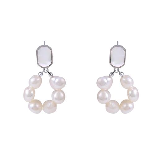 Stainless Steel Stud Earrings 304 Stainless Steel with Natural Seashell & Freshwater Pearl plated fashion jewelry & for woman & hollow Sold By Pair