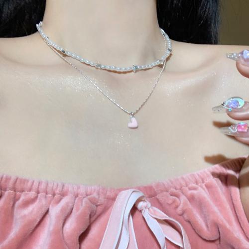 Colar de jóias de liga de zinco, Coração, banhado, para mulher & esmalte, prateado, The plain chain length is about 41cm and the extended chain is 6cm, and the pearl chain length is about 37cm and the extended chain is 6cm, vendido por PC