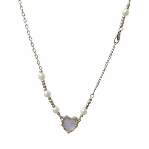 Zinc Alloy Jewelry Necklace with Resin & Plastic Pearl & Brass with 6CM extender chain Heart plated for woman silver color Length Approx 45 cm Sold By PC