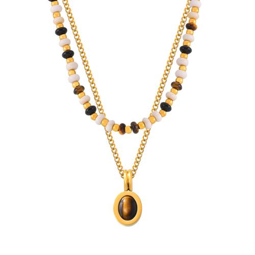 Titanium Steel Necklace with Natural Stone gold color plated Double Layer & for woman Sold By PC