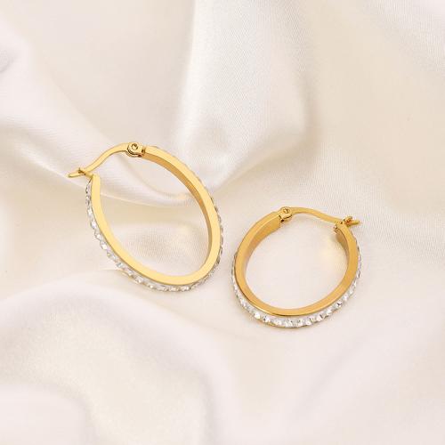 Stainless Steel Lever Terug Earring, 304 roestvrij staal, 18K verguld, mode sieraden & voor vrouw & met strass, gouden, 25x32mm, Verkocht door pair