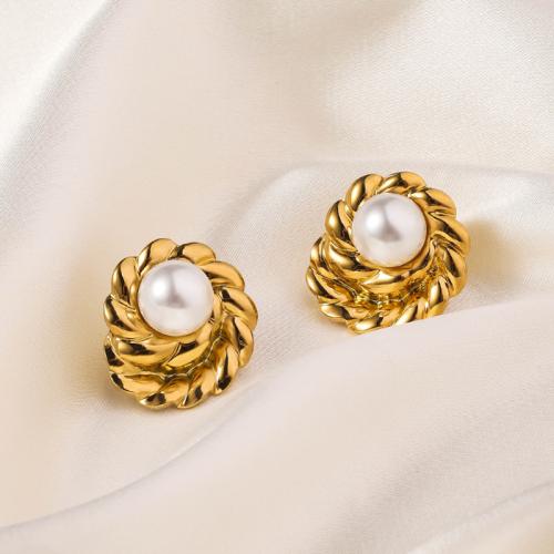 Brincos de garanhão de aço inoxidável, Aço inoxidável 304, with Shell Pearl, 18K banhado a ouro, joias de moda & para mulher, dourado, 21x23mm, vendido por par