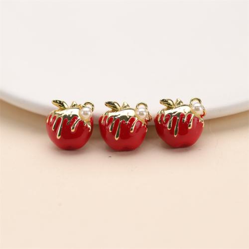 Brass Jewelry Pendants with Plastic Pearl Apple gold color plated DIY & enamel red nickel lead & cadmium free Sold By PC