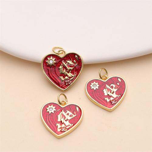 Cubic Zirconia Micro Pave Brass Pendant Heart gold color plated DIY & micro pave cubic zirconia & enamel red nickel lead & cadmium free 17mm Sold By PC