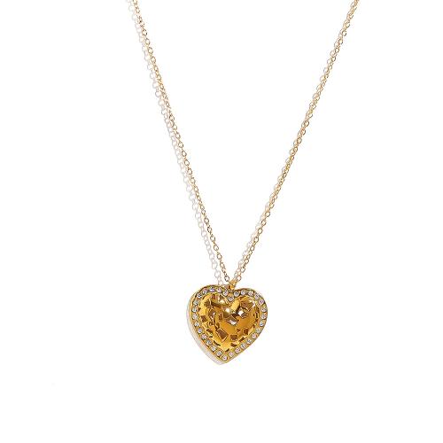 Stainless Steel Jewelry Necklace 304 Stainless Steel with 5cm extender chain Heart gold color plated fashion jewelry & with rhinestone golden Length 40 cm Sold By PC