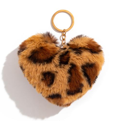 Fur Ball Pom Pom Nøglering, Plush, med Jern, Heart, mode smykker, brun, nikkel, bly & cadmium fri, 110x140mm, Solgt af PC