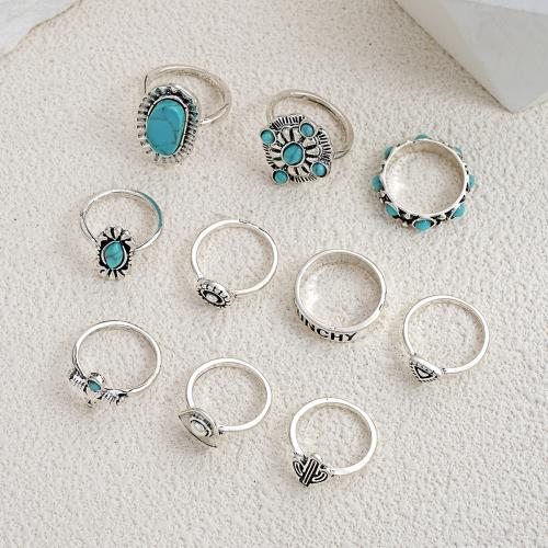 Sinc Alloy Ring Set, le turquoise, plátáilte, 10 bpíosa & jewelry faisin & do bhean, dath bunaidh, Díolta De réir Socraigh