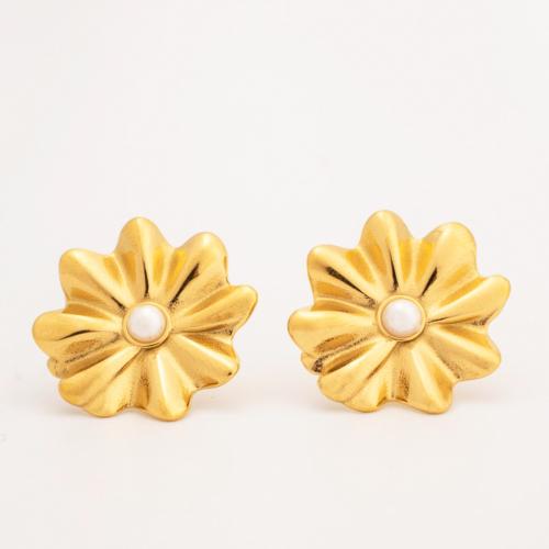 Stainless Steel Stud Earrings 304 Stainless Steel with Plastic Pearl Flower Vacuum Ion Plating fashion jewelry & for woman Sold By Pair