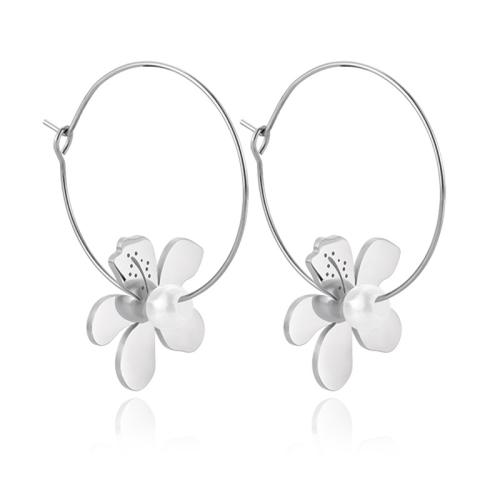 Stainless Steel Lever Terug Earring, 304 roestvrij staal, met Plastic Pearl, Bloemblaadjes, voor vrouw, platina kleur, 33.50x40.50mm, Verkocht door pair