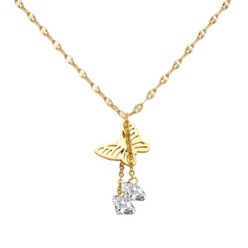 Stainless Steel Jewelry Necklace 304 Stainless Steel Butterfly Vacuum Ion Plating micro pave cubic zirconia & for woman gold Length Approx 46.8 cm Sold By PC