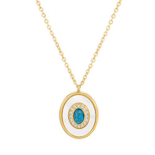 Collier de bijoux en acier inoxydable, Acier inoxydable 304, avec turquoise synthétique & coquille blanche, pavé de micro zircon & pour femme, Or, Longueur Environ 47 cm, Vendu par PC