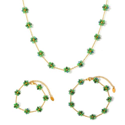 Titanium Steel Jewelry Set with Glass Beads Flower gold color plated & for woman Sold By PC