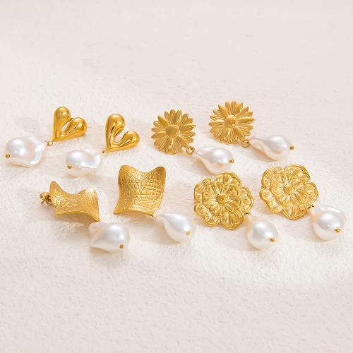 Stainless Steel Stud Earrings 304 Stainless Steel with Plastic Pearl 18K gold plated fashion jewelry & for woman golden Sold By Pair