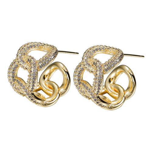 Boucles d'oreilles en laiton zircon cubique pavent, Placage de couleur d'or, bijoux de mode & pavé de micro zircon & pour femme, protéger l'environnement, sans nickel, plomb et cadmium, 17.50x18mm, Vendu par paire