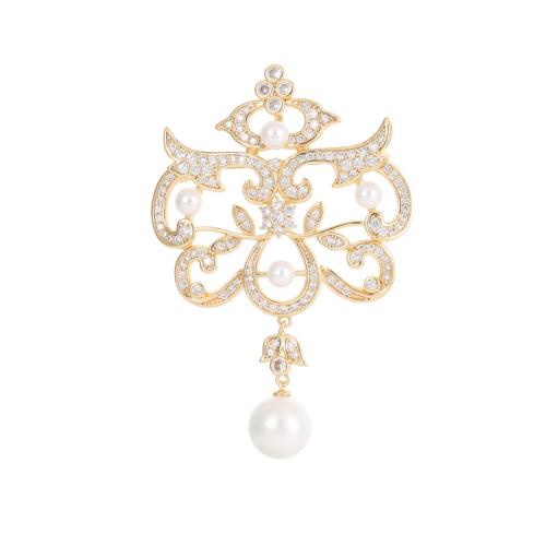 Fashion Brooch Jewelry Brass with Plastic Pearl plated & micro pave cubic zirconia nickel lead & cadmium free Sold By PC