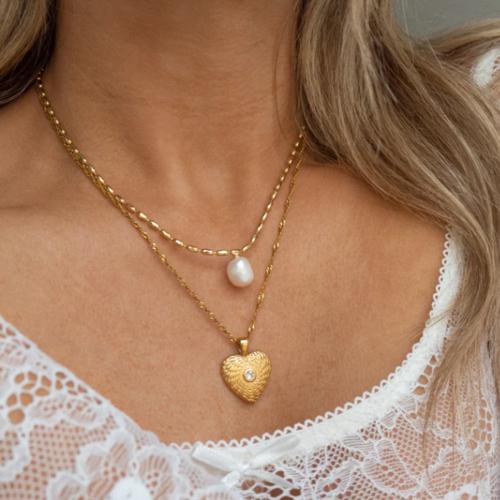 Stainless Steel Jewelry Necklace 304 Stainless Steel with ABS Plastic Pearl gold color plated fashion jewelry golden Sold By PC