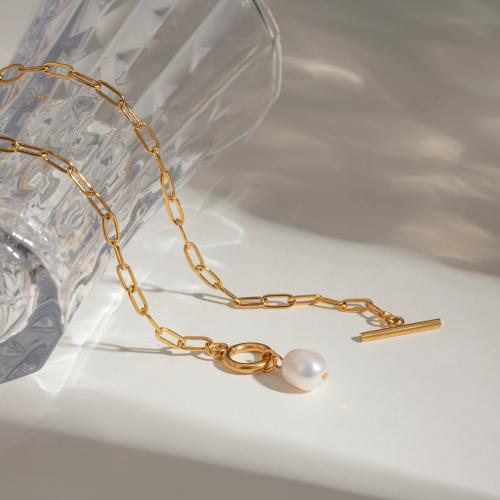 Stainless Steel Jewelry Necklace 304 Stainless Steel with ABS Plastic Pearl gold color plated fashion jewelry golden Sold By PC