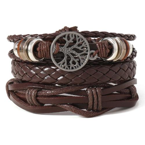 PU Leather Cord Bracelets Cowhide with Linen & PU Leather & Wax Cord & Wood & Copper Coated Plastic & Zinc Alloy handmade three layers & fashion jewelry & for man brown Sold By Set