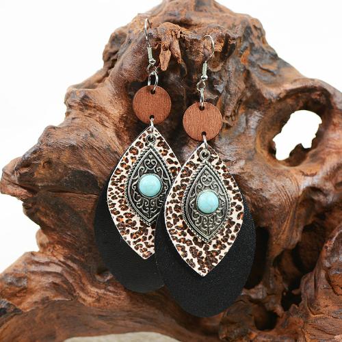 Zinc Alloy Drop Earrings PU Leather with turquoise & Zinc Alloy fashion jewelry & for woman Sold By Pair