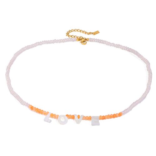 Stainless Steel Jewelry Necklace 304 Stainless Steel with Natural Stone & Plastic Pearl plated for woman gold Sold By PC