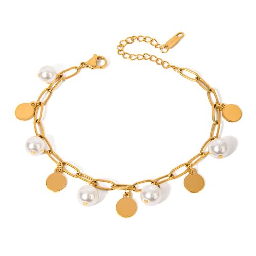 Roestvrij staal armbanden, 304 roestvrij staal, met Plastic Pearl, plated, voor vrouw, goud, Verkocht door PC