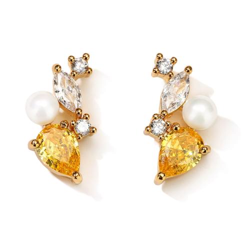 Cubic Zirconia Micro Pave Brass Earring with Plastic Pearl micro pave cubic zirconia & for woman Sold By Pair