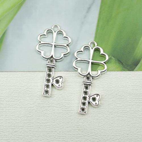 Cink ötvözet Key Medálok, Four Leaf Clover, ezüst színű bevonattal, DIY, nikkel, ólom és kadmium mentes, 24x50mm, 100PC-k/Bag, Által értékesített Bag