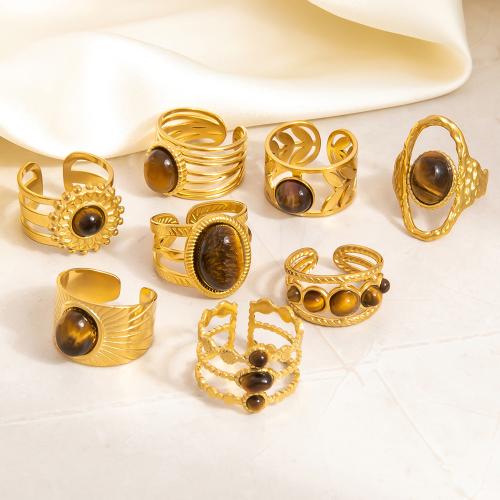 Stainless Steel Finger Ring 304 Stainless Steel with Tiger Eye fashion jewelry & for woman golden Sold By PC