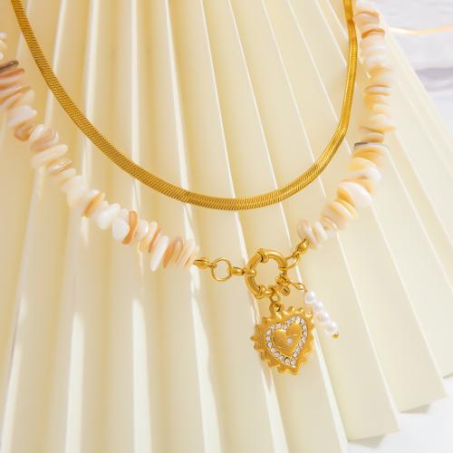 Stainless Steel Jewelry Necklace 304 Stainless Steel with ABS Plastic Pearl & Gemstone gold color plated fashion jewelry & with rhinestone golden Sold By PC