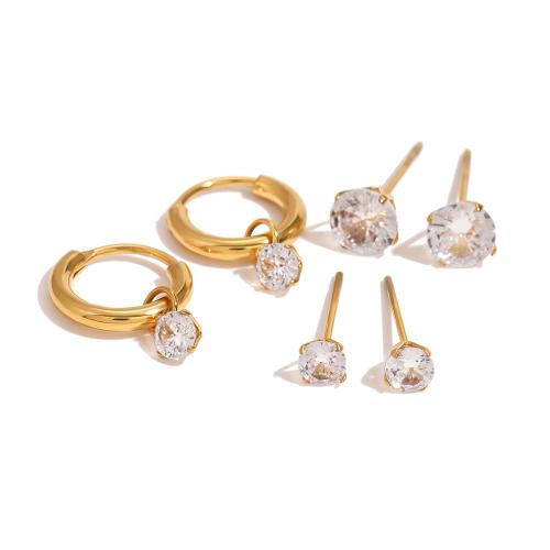 Stainless Steel Stud Earrings 304 Stainless Steel gold color plated three pieces & fashion jewelry & micro pave cubic zirconia golden Sold By Set