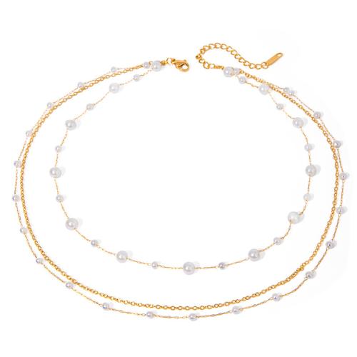 Stainless Steel Jewelry Necklace 304 Stainless Steel with ABS Plastic Pearl gold color plated fashion jewelry golden Sold By PC