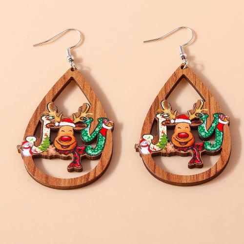 Christmas Earrings Wood with Zinc Alloy Teardrop Christmas Design & for woman & hollow nickel lead & cadmium free Sold By Pair