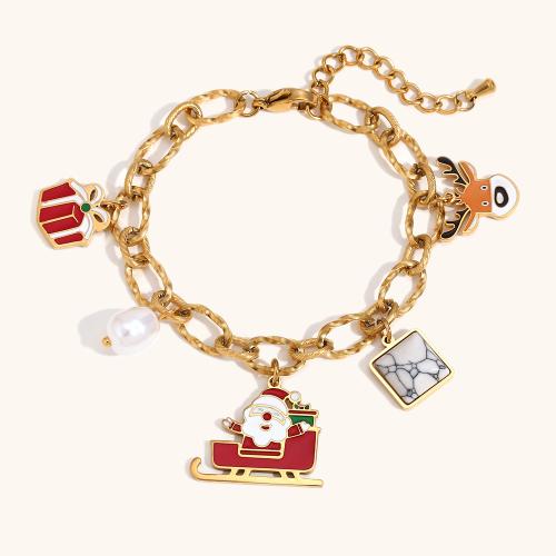 Bracelet de vacances de Noël, Acier inoxydable 304, Plaqué or 18K, Conception de Noël & pour femme & émail, Vendu par PC