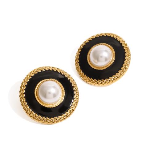 Stainless Steel Stud Earrings 304 Stainless Steel with Plastic Pearl Round 18K gold plated fashion jewelry & for woman & enamel Sold By Pair