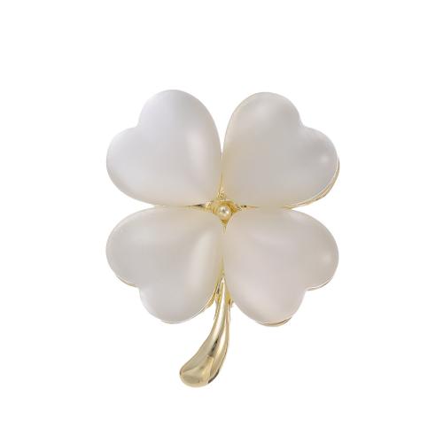 Zinc Alloy Brooches with Cats Eye Four Leaf Clover plated for woman gold Sold By PC