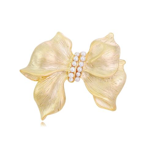 Zinc Alloy Brooches with Plastic Pearl Bowknot plated for woman gold Sold By PC