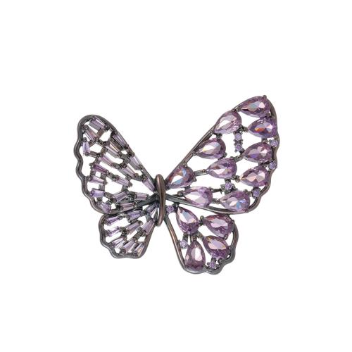 Mode broche smykker, Messing, Butterfly, forgyldt, Micro Pave cubic zirconia & for kvinde, lilla, Solgt af PC